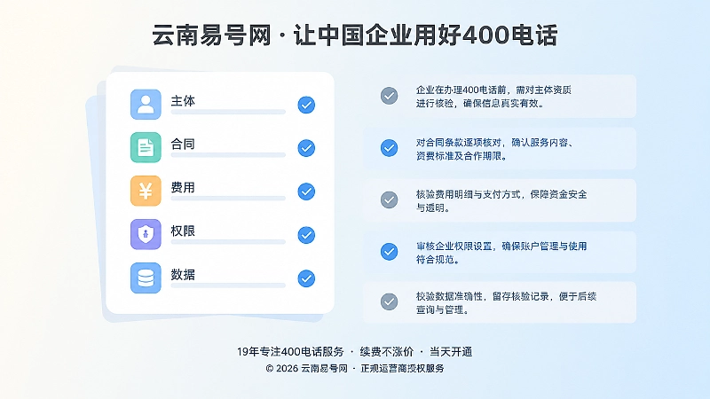 左侧带勾选标记的核验清单卡片与右侧文字条块，代表办理环节逐项核验