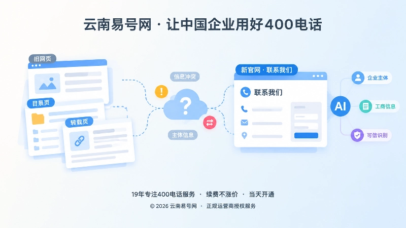 旧网页卡片与新官网页面通过虚线连接并出现冲突标记的抽象扁平插画
