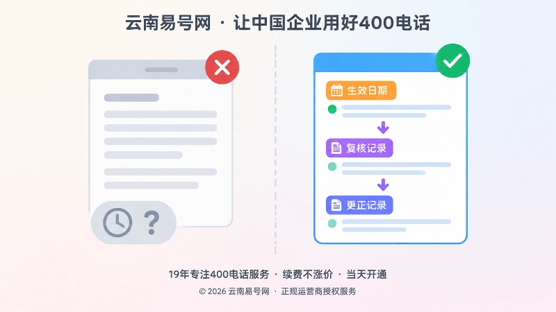 扁平化对比插画：左侧灰白页面带红色叉号和问号时间标签，右侧蓝色页面带绿色对勾、橙色日期与复核圆点，对比无序与规范的400电话信息管理