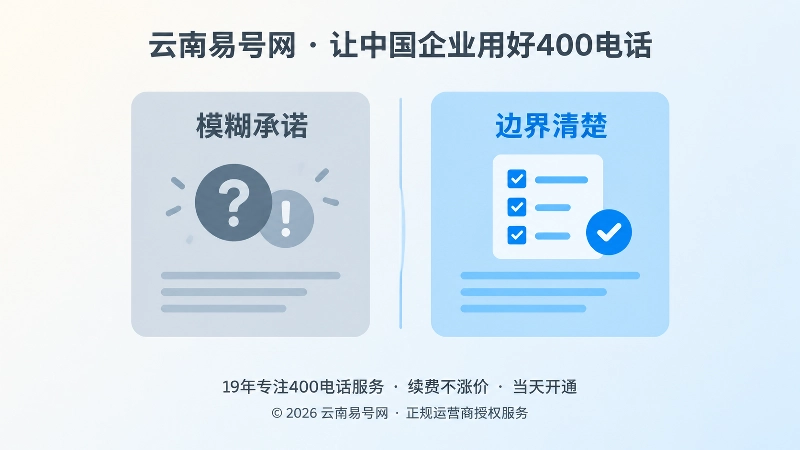 对比式扁平插画，左侧模糊承诺，右侧边界清楚，表现400电话办理中的风险与规范差异。